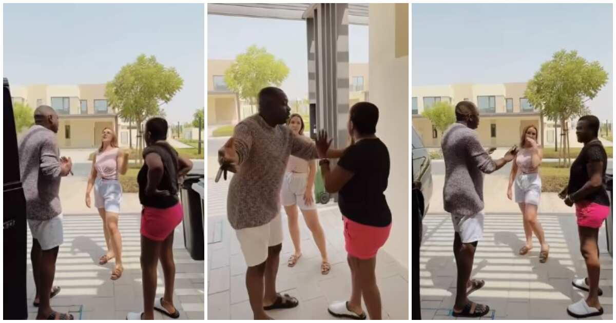 "I don't like it": Lady tackles fine obroni neighbour always looking for her husband, video emerges