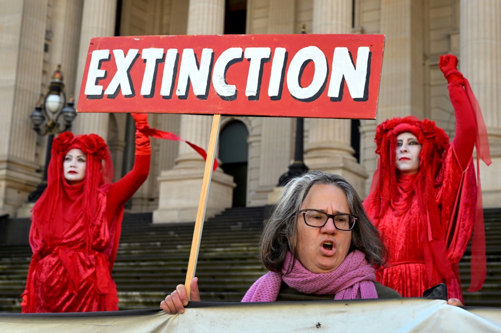 An XR protest outside the State Parliament of Victoria in Melbourne, Australia in July 2022