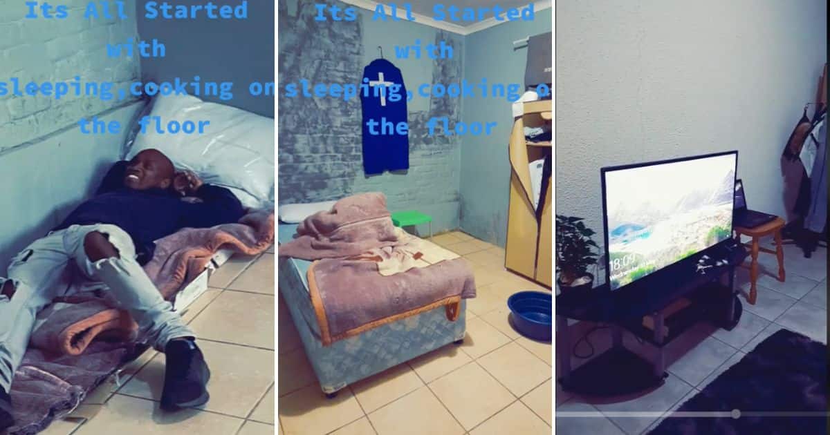 man shows off how he went From sleeping on the floor