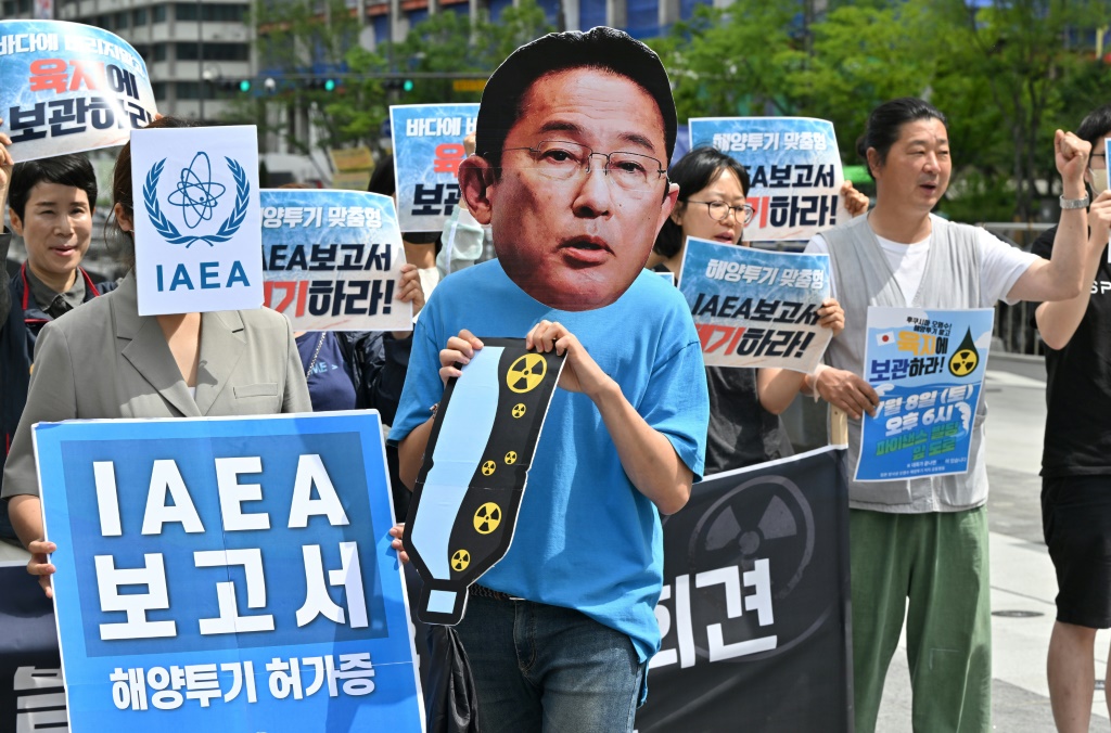 South Korean activists protest the IAEA report condoning the Fukushima water release plan