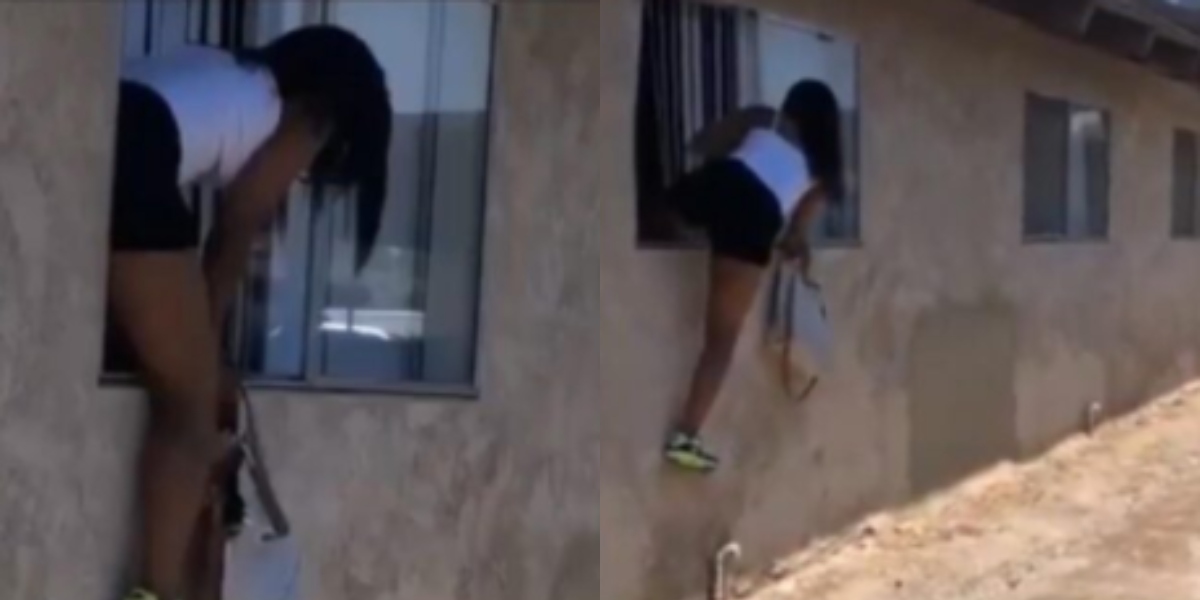 Video: Trouble looms as side chick jumps over window to escape from wife of man she was bedding