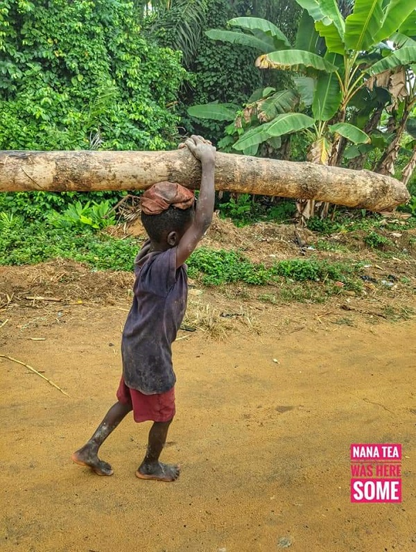 Photo of barefooted boy carrying log.