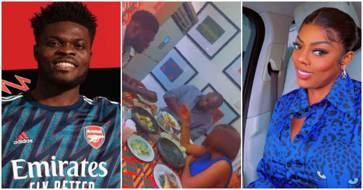 Nana Aba Anamoah 'fights' over food with Arsena's Thomas Partey as they hang out in video, her behaviour causes stir