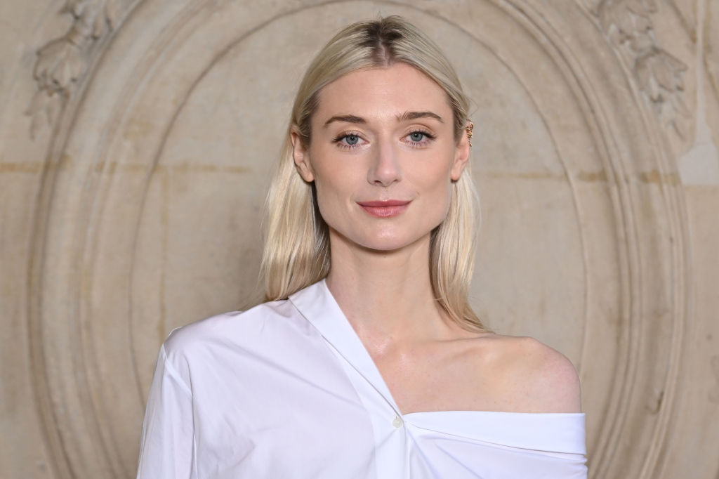 Elizabeth Debicki in a white off shoulder tee at the Christian Dior Haute Couture show