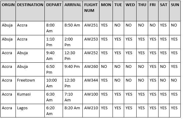 Africa World Airlines flight schedule