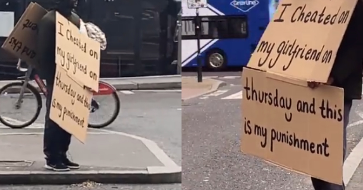 Man makes it up to his girlfriend by wearing a placard with his sins written on after cheating