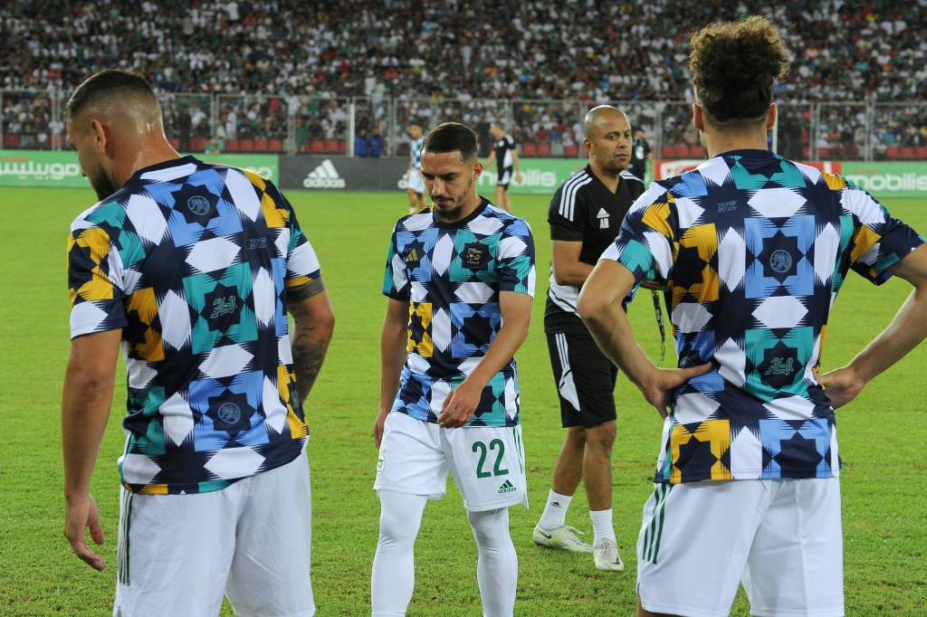 Algerian players wearing the tops that have upset Morocco before a friendly match against Guinea in September. Adidas says it has resolved the row