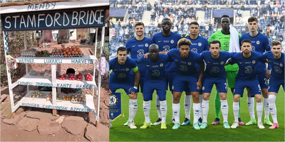 Trending photo of market seller displaying goods with the names of Chelsea stars