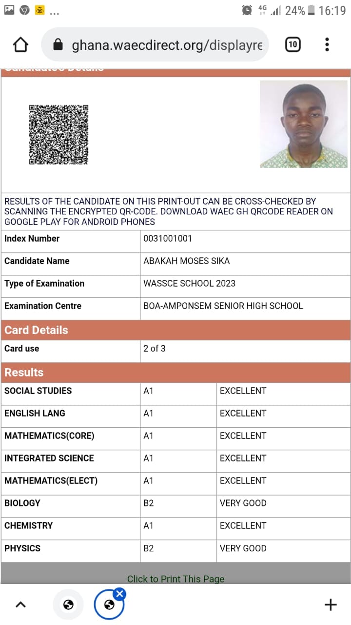 Photo of Abakah Moses Sika's WASSCE results.