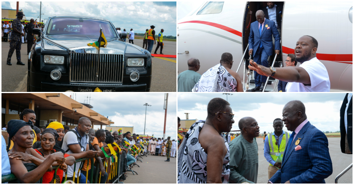 The king is back: Massive cheers as Otumfuo arrives from trip abroad, subjects line up to welcome him as he rides in convoy of luxury cars