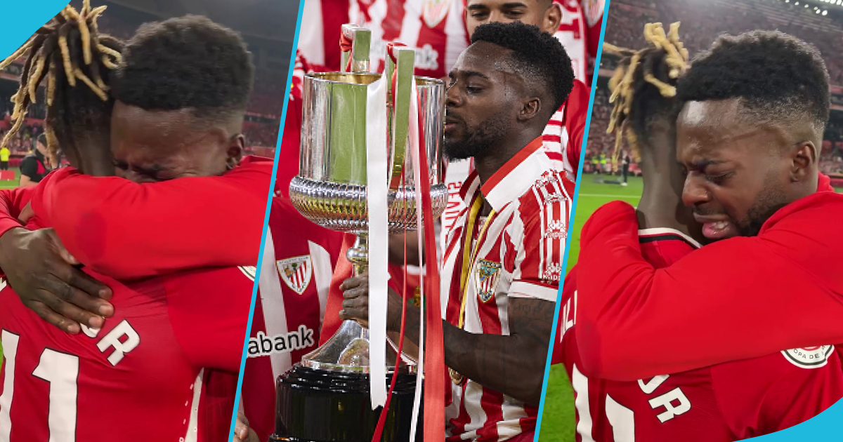 Iñaki Williams hugs his brother Nico Williams in tears after their club Athletic Club won the Copa del Rey