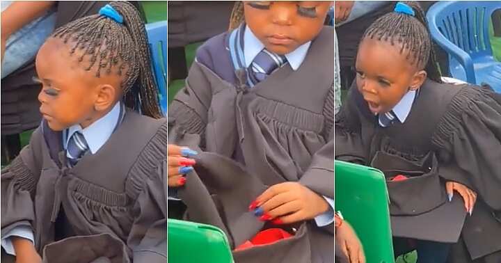Little girl arrives graduation, long artificial lashes and nails