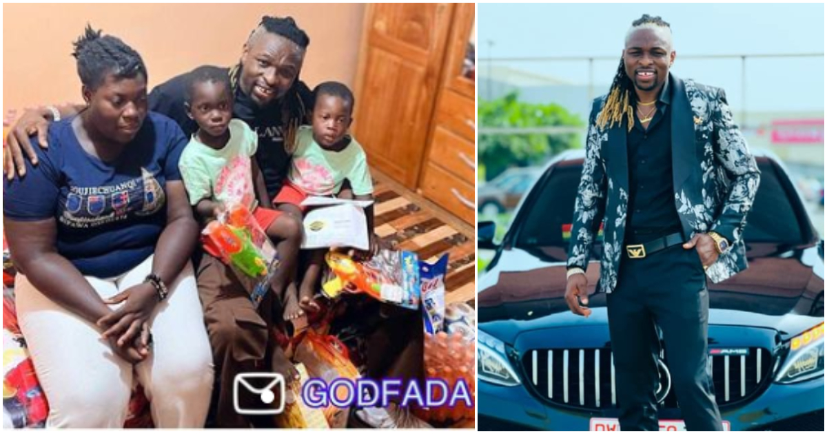 Ghanaian businessman Godfada Houston poses with a mother of twins and her boys.