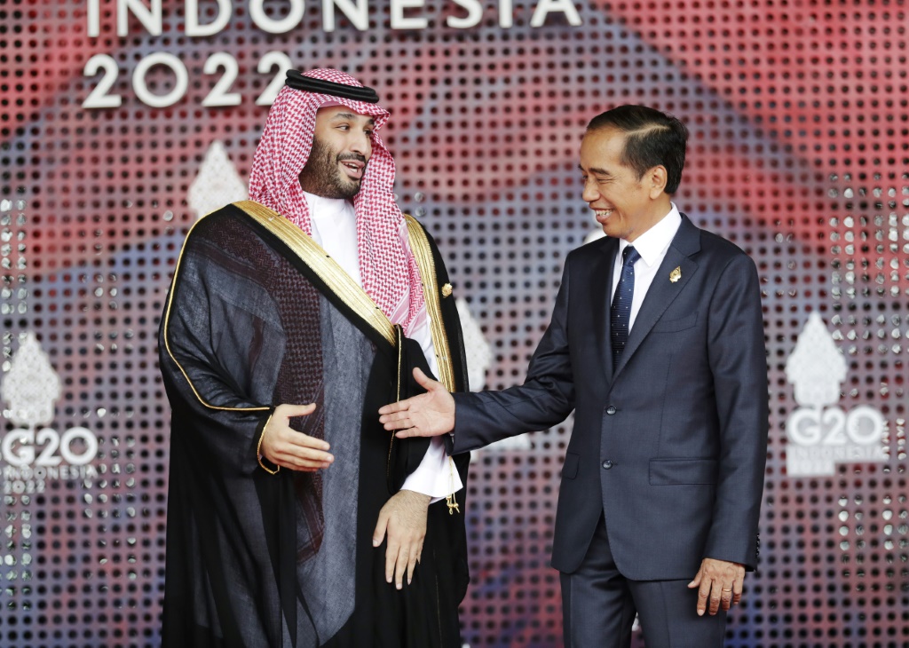 Saudi Arabia's crown prince Mohammed bin Salman (L) meets Indonesia's President Joko Widodo at the G20 leaders' summit in Bali, Indonesia
