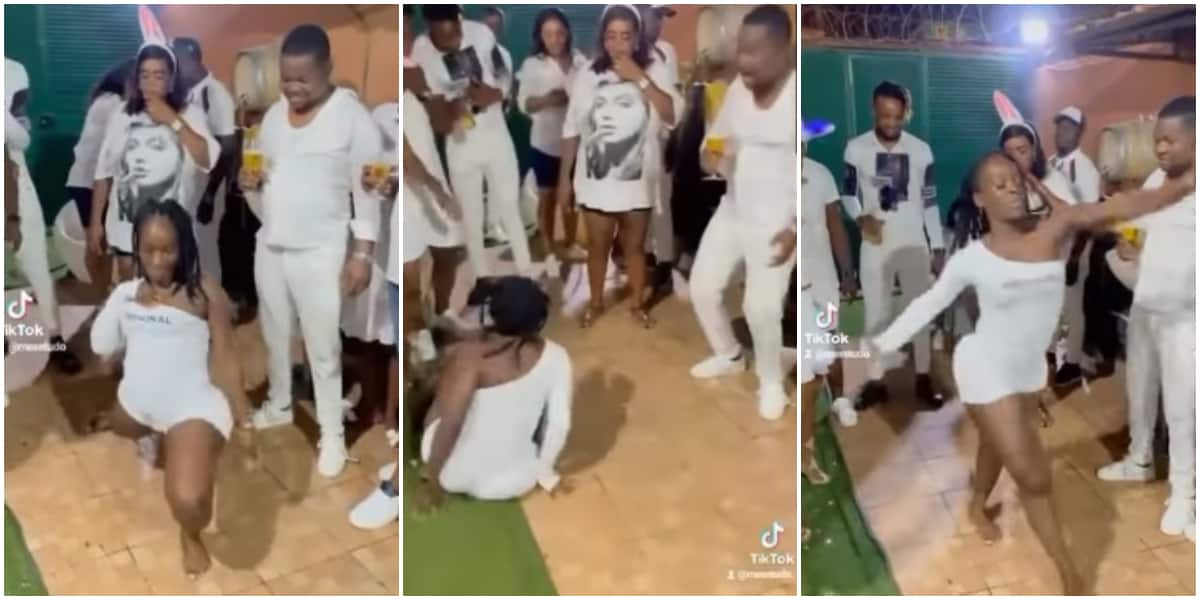 Lady lands on floor twice as she dances weirdly in front of people, video causes stir
