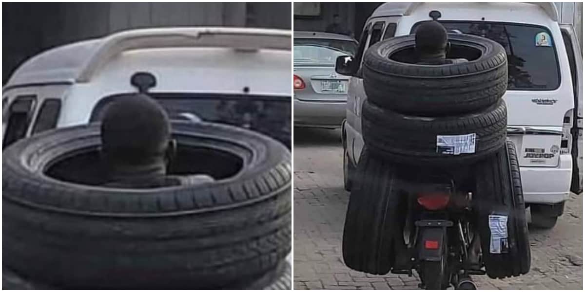 Wetin We no go See for Lagos? Nigerians React as Man Rides Motorcyle Carrying 4 Tyres Together