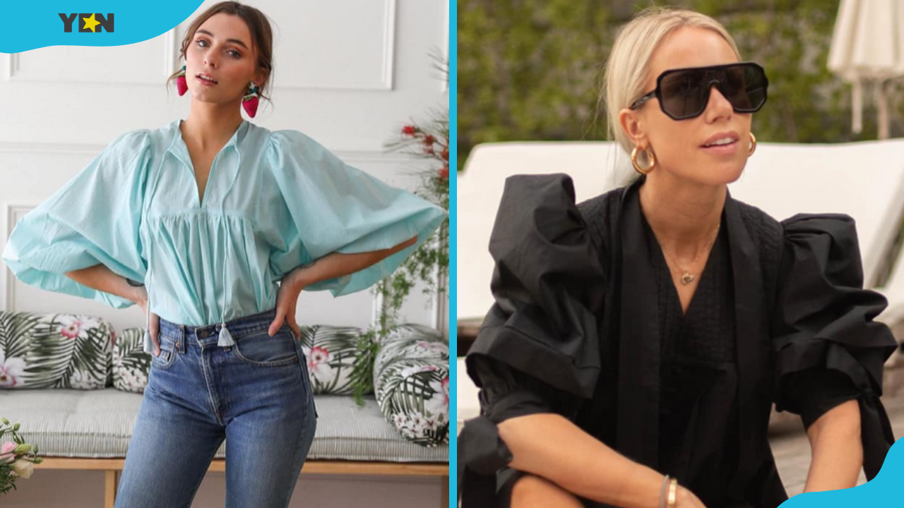 Photos of two women wearing blouses with billowy sleeves