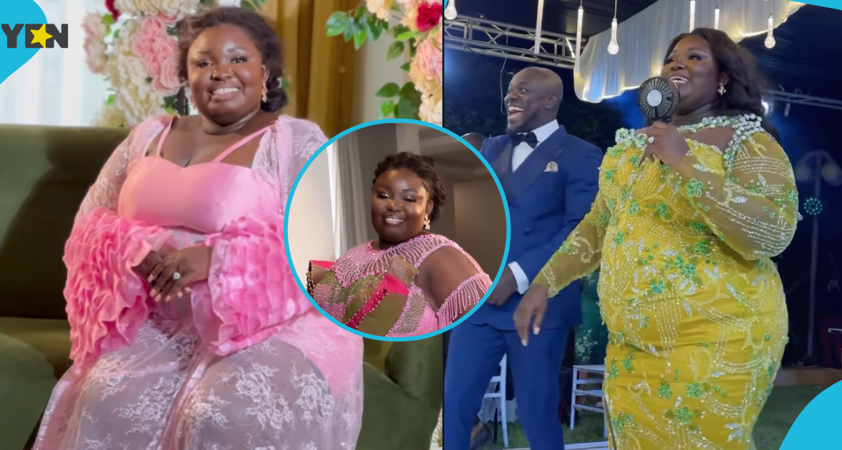 Plus-size Ghanaian wedding planner dazzles in pink beaded kente gown with peplum design for her plush wedding