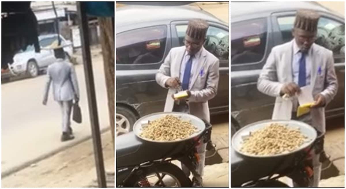 Nigerian groundnut seller seen issuing receipt to customer.