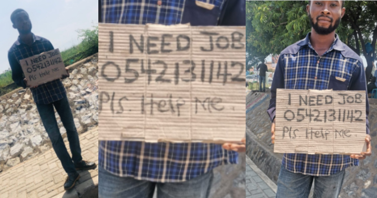 Many React as Young Ghanaian man Confidently Holds Placard by the Roadside Seeking to be Employed