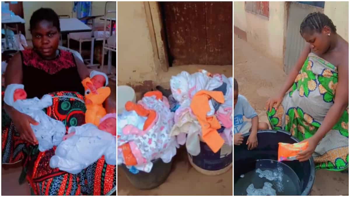 Mother washing clothes/Mother delivered triplets.