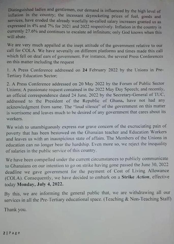 Teachers' statement on nationwide strike over COLA. Source: UGC
