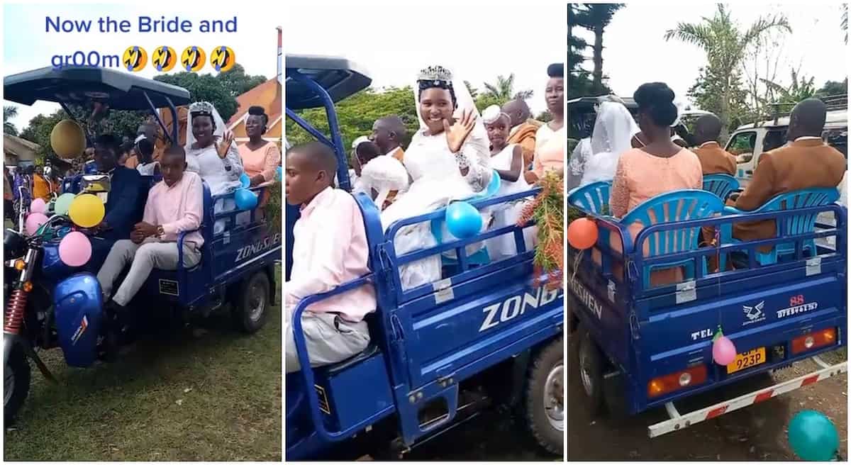 Photos of a bride and groom riding to wedding in a truck.