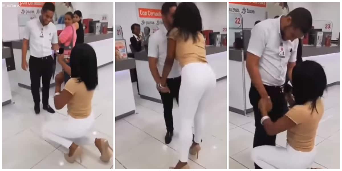 Lady shows up at boyfriend's workplace to propose to him, causes stir among his female colleagues in video