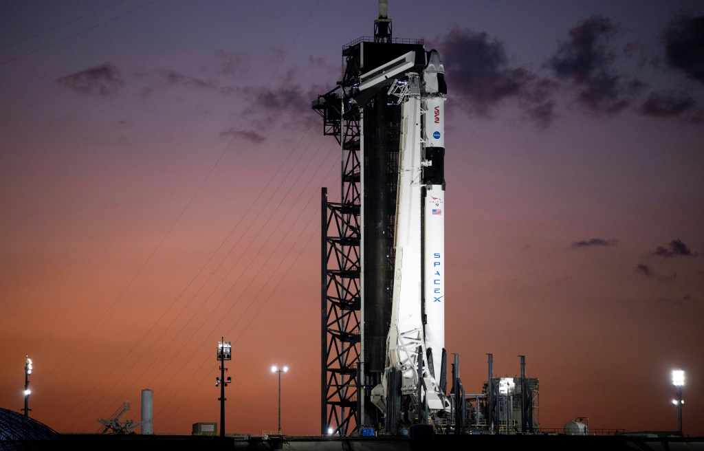 The SpaceX Falcon 9 rocket on the Kennedy Space Center launch pad