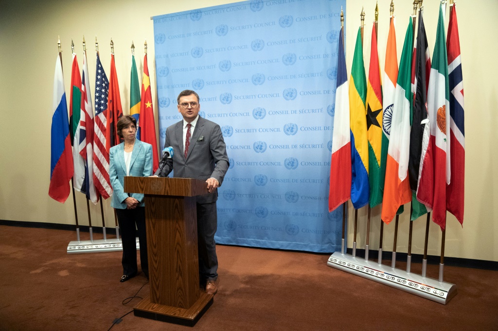 Ukrainian Foreign Minister Dmytro Kuleba and French Foreign Minister Catherine Colonna speak to the press outside the UN Security Council