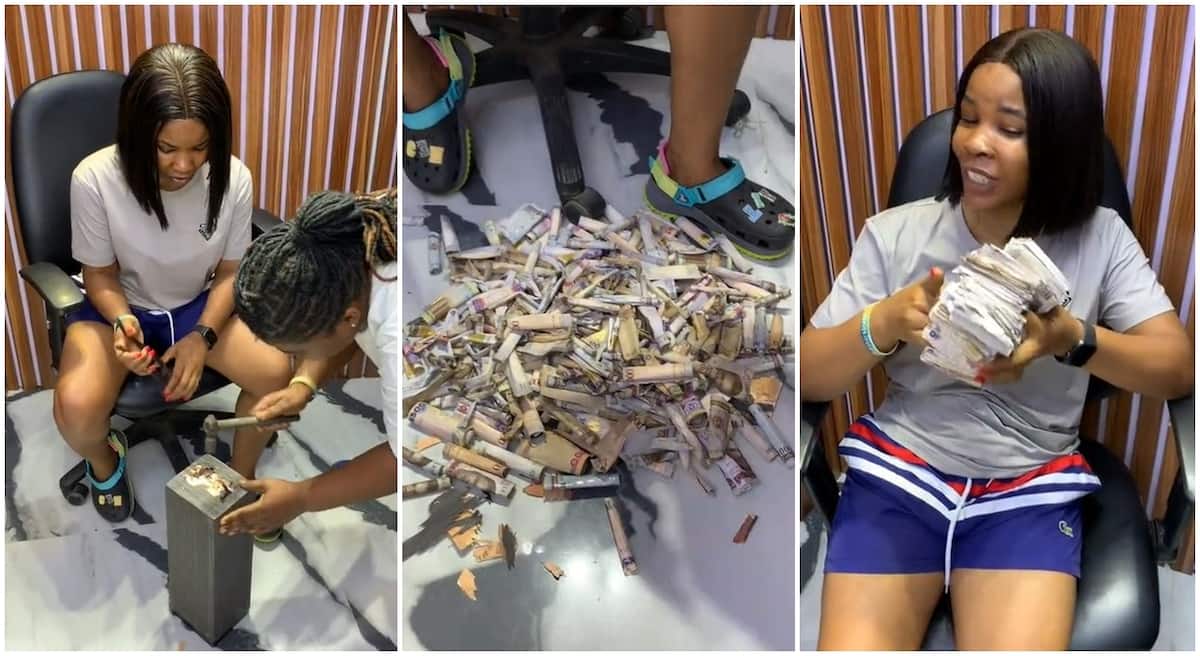 Innocenthia Olisa shows of the cash she saved in her piggy bank over many months.