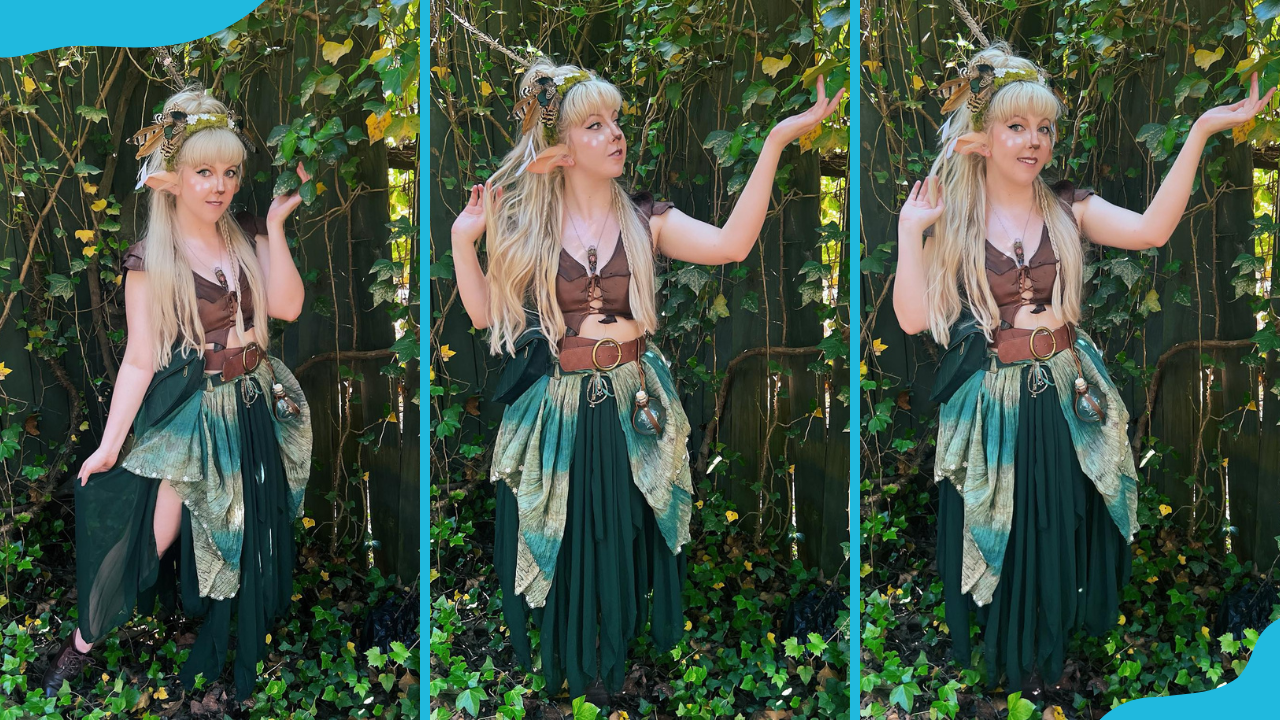 A model showcases her woodland elf outfit.