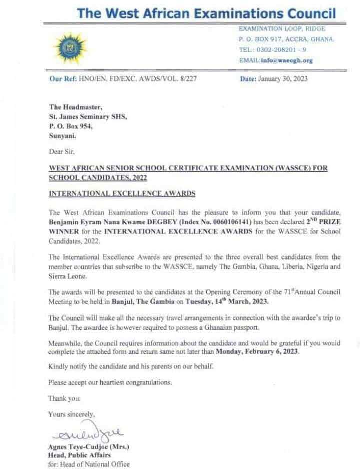Letter from WAEC to the headmaster of St. James Seminary SHS.
