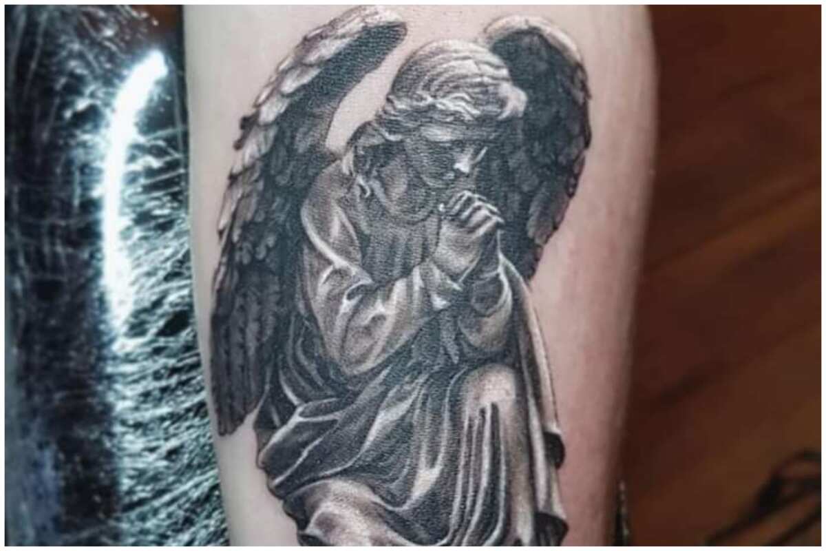 New Addiction Tattoos - Sharing this beautiful angel tattoo done by owner  Jorge. Sharing this as a reminder to keep faith, this to shall pass.  #Rona2020 #quarentine #newaddiction #newaddictiontattoos #coltonsbest  #coltonsbesttattoos #newaddiction909 #