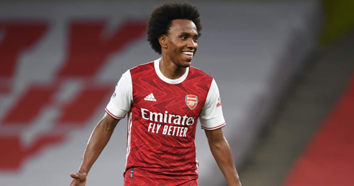 Willian celebrates scoring the 3rd Arsenal goal during the Premier League match between Arsenal and West Bromwich Albion at Emirates Stadium on May 09, 2021. (Photo by Stuart MacFarlane/Arsenal FC via Getty Images)