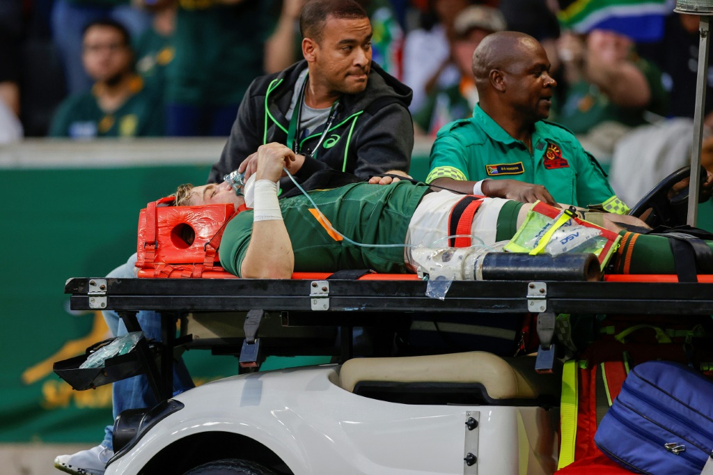 South Africa scrum-half Faf de Klerk is taken off on a stretcher after being injured during the Rugby Championship match against New Zealand in Mbombela on August 6, 2022.