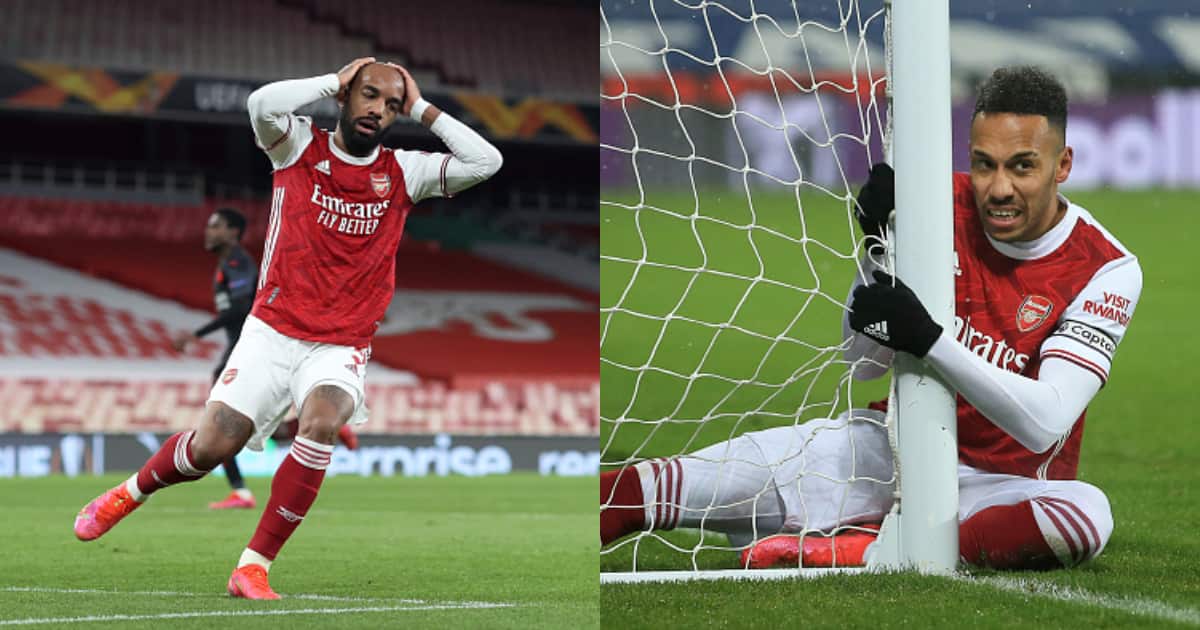 Lacazette and Aubameyang cut dejected faces during a past match. Photo: Getty Images.