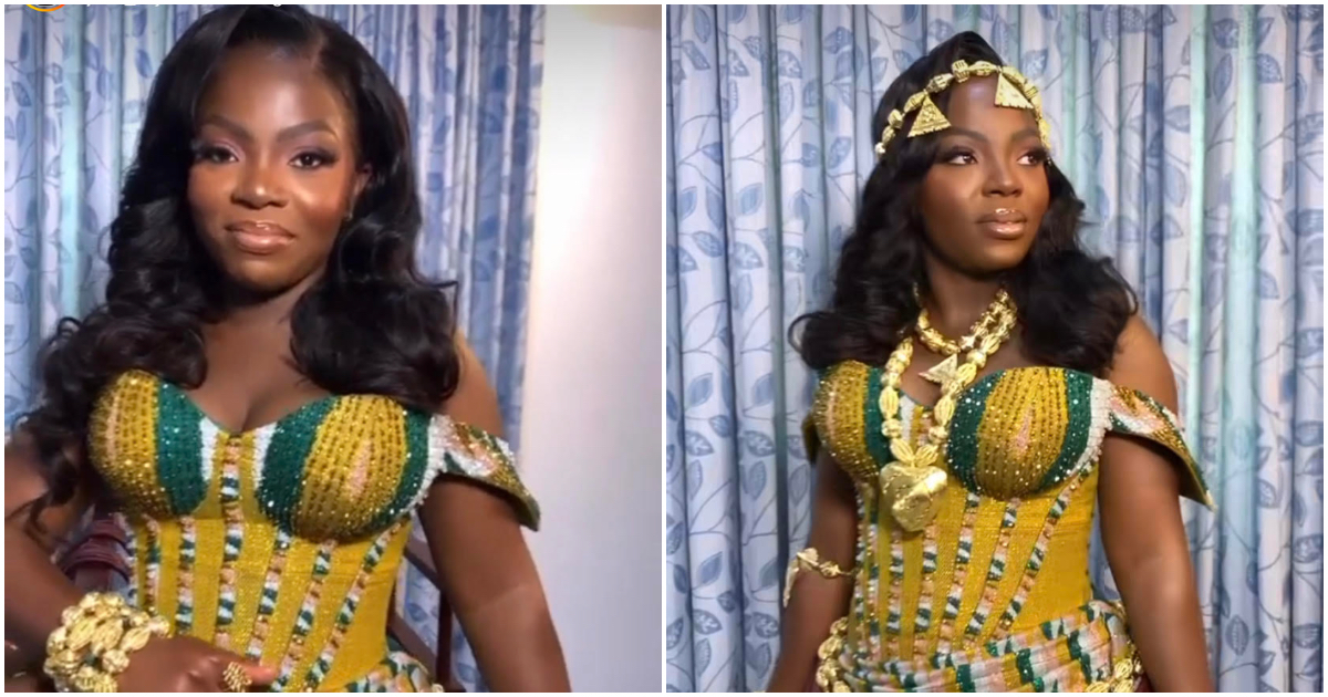 Ghanaian bride Aba is the first modernised bride to wear a mini corseted kente dress for her traditional wedding