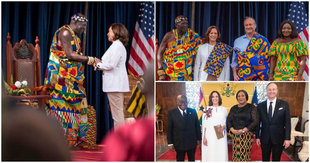 Vice President Kamala Harris Stuns In Kente As They Pose With Osabarima Kwesi Atta II In Ghana
