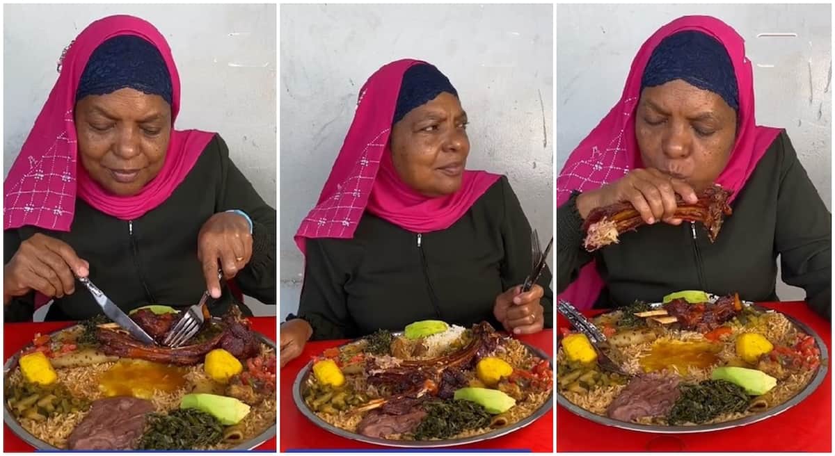 The African woman struggled to eat with fork and a knife before ditching it.