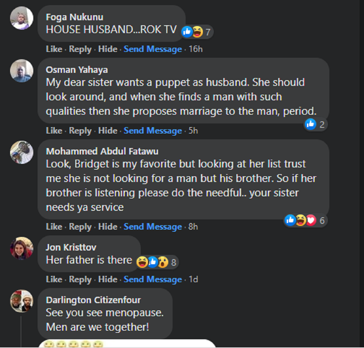 Comments on post of Bridget Otoo Saying she will Marry man who can cook and Clean