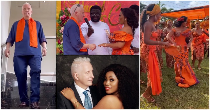 GH lady and her 'obroni' man marry in perfect-looking outfits; many question her hubby's age as videos emerge
