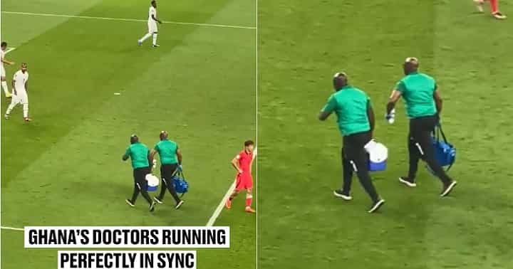 "Have they been practising before?" Reactions as two Ghanaian doctors jog into football field in sync