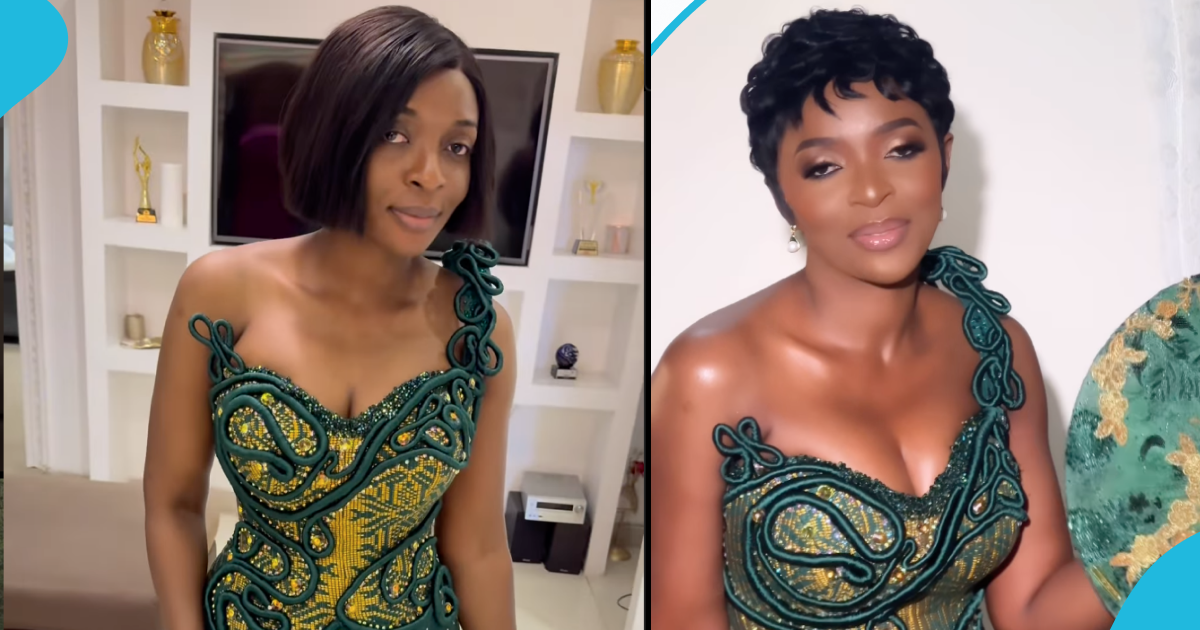 Ghanaian bride slays in magnificent one-hand kente gown and charming short hairstyle: "Simple but elegant"