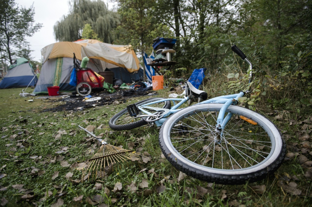 A makeshift homeless encampment has been set up in a park in Granby, Canada which is struggling to deal with a surge in homelessness