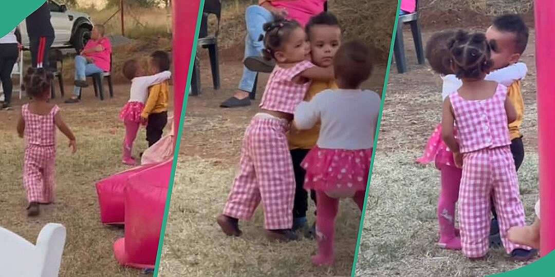 Funny video of little girls struggling to hug male friend trends: "Fighting over a boy with diapers"