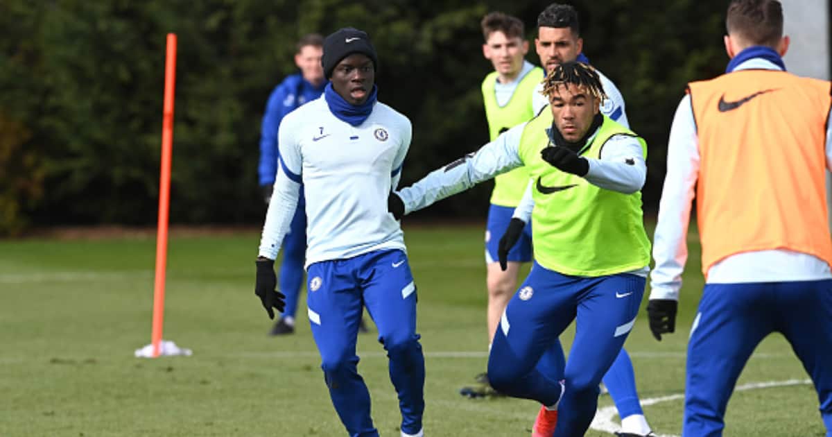 N'Golo Kante and Reece James of Chelsea during a training session at Chelsea Training Ground on March 12, 2021 in Cobham, England. (Photo by Darren Walsh/Chelsea FC via Getty Images)