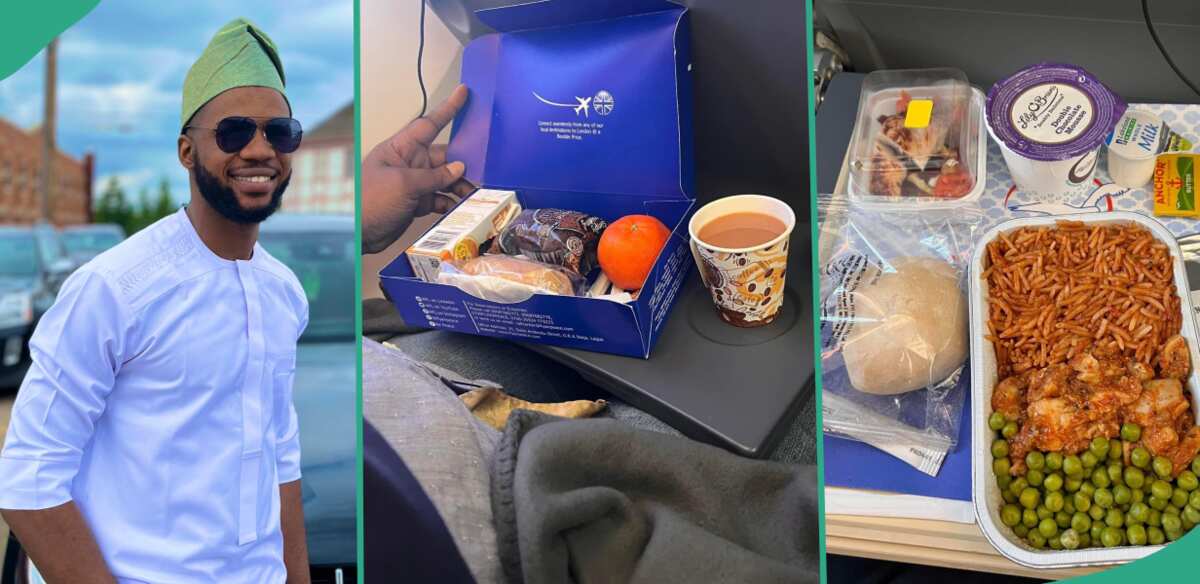 "To travel come dey hungry me": Man displays sweet meals Air Peace served him on London-Lagos flight