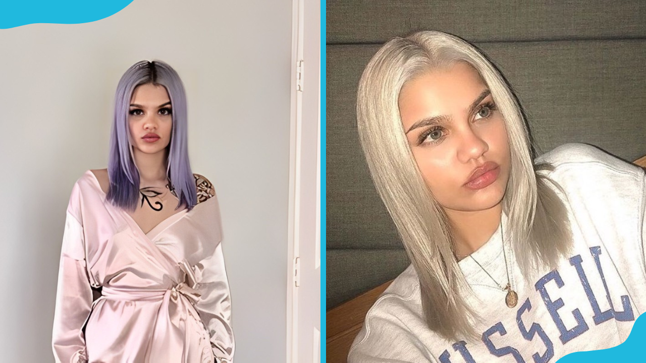 Amina Blue stands next to a door (L). She sits on a wooden space (R)