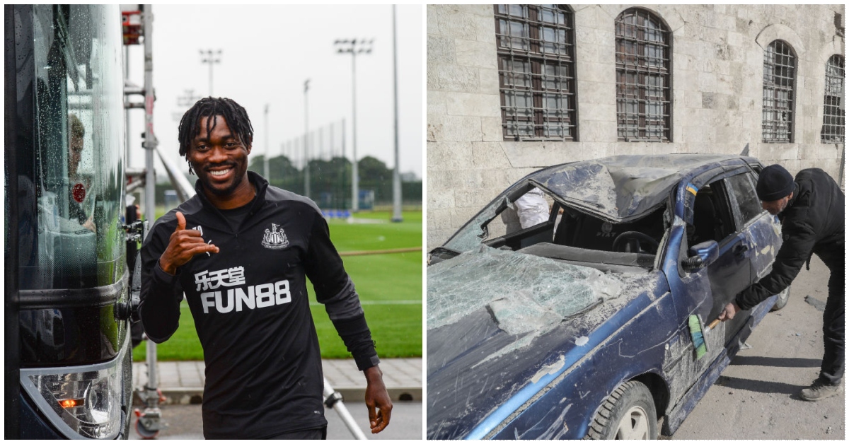Photo of Christian Atsu and a car that was destroyed by earthquake